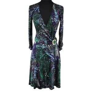 Cache Faux Wrap Stretch Adjust Self Belt Plug V Multi Color Wrap Dress $168 NWT